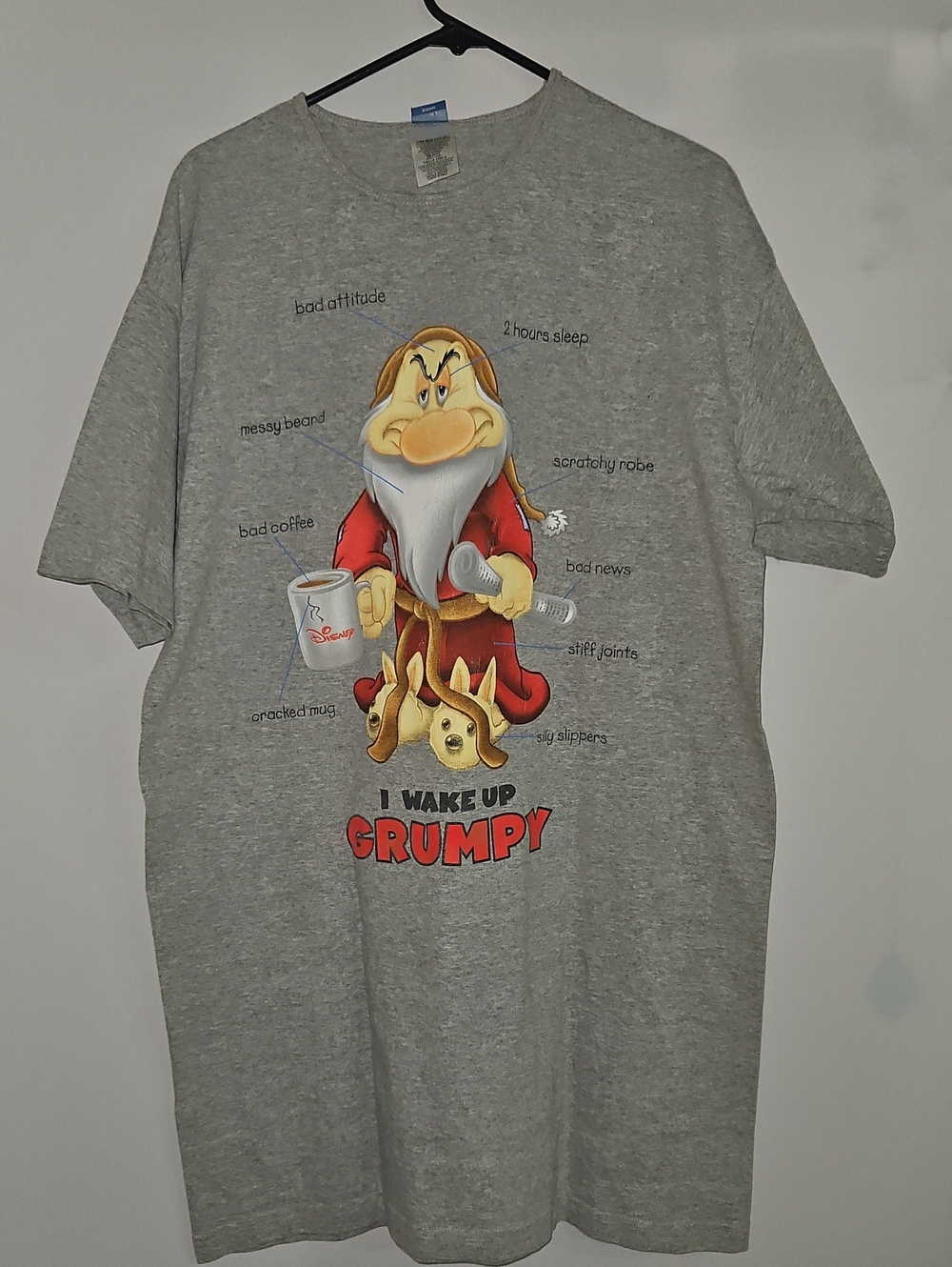 VINTAGE Disney Men’s Gray 'I Wake Up Grumpy' Graphic T‑Shirt OSFA TALL